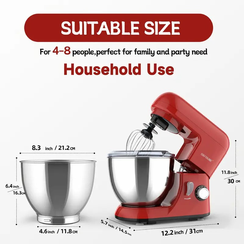 Cheftronic Stand Mixer, 6 Speeds, 4.5-Quart Mixing Bowl, Egg Whisk, Flat Mixing Paddle, Dough Hook, and Splash Guard with Pour Spout, Red, SM-985R