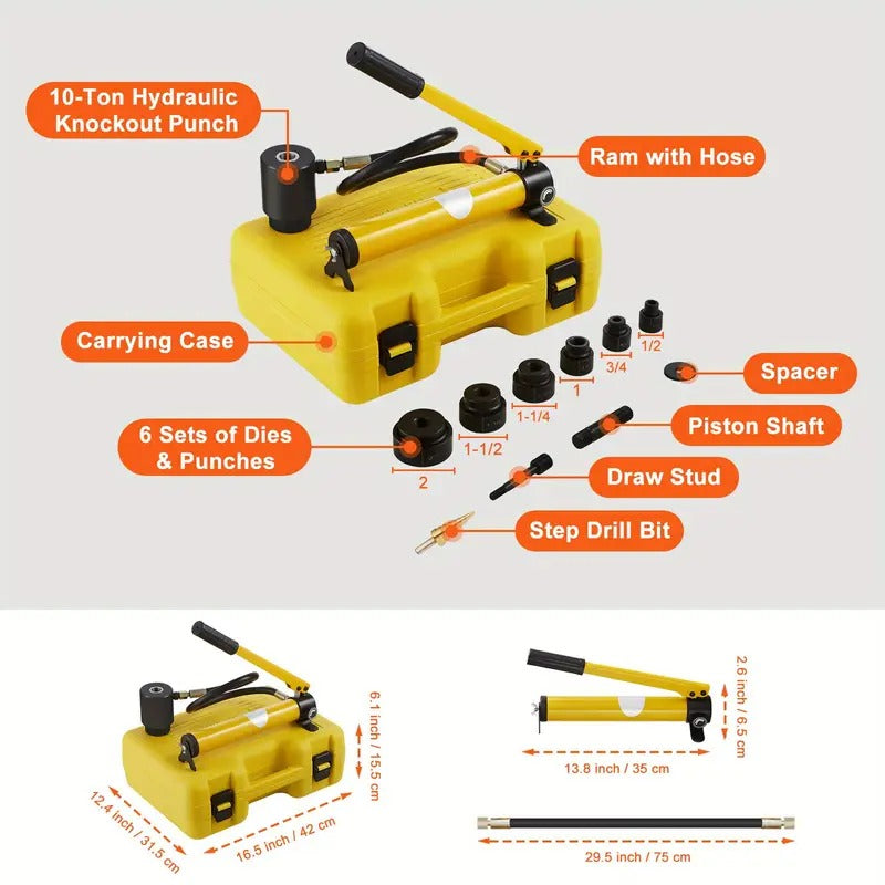 Happybuy Hydraulic Knockout Punch Kit - Your Ultimate Hole Cutting Solution. 10 Ton Power for Precision Cuts from 1/2" to 2". 6pcs Puncher Set for Various Metals & Materials.