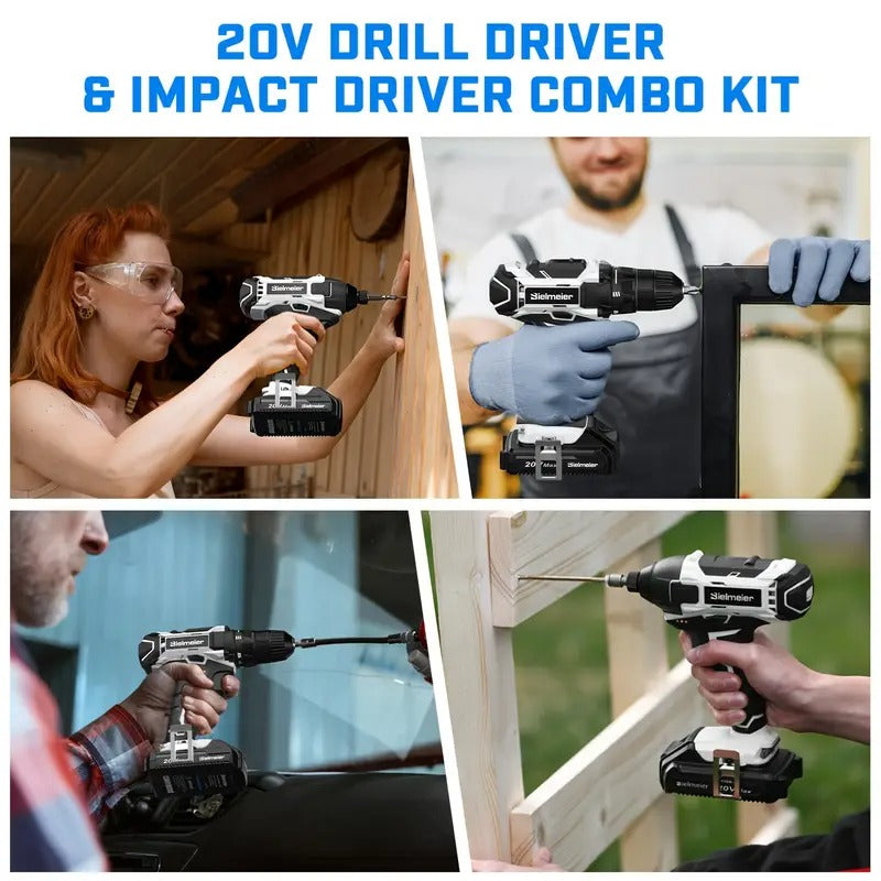 [20V Drill Driver Combo] Bielmeier 20V 2 Speed 3/8" Drill & 1/4" Impact Driver Combo Kit, Lightweight, 3200RPM Driving Speed, 1500RPM DRILLING Speed, With 33pcs Drive Bits And Sockets, Accessories Box, Tool Bag, Battery And Charger, For Home Repair, DIY