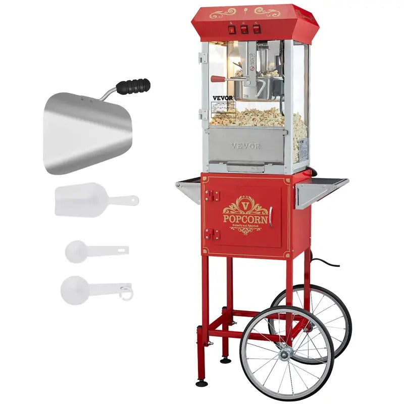 VEVOR Commercial Popcorn Machine, 8 Oz Kettle, 850 W Popcorn Maker on Wheels for 48 Cups per Batch, Popper with 3-Switch Control Steel Frame Tempered Glass Doors Cart 2 Scoops 2 Spoons, Red