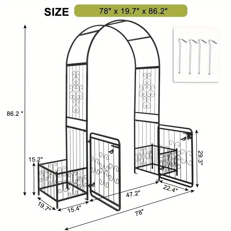 7.2ft Black Metal Garden Arch with Door and Planter Holders, Modern Style, 16mm Tubular Iron Arbor for Courtyard Decor
