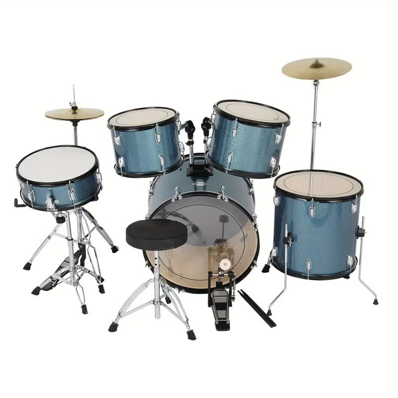 Full Size Adult Drum Set 5pcs Black with Bass Drum, Two Tom Drum, Snare Drum, Floor Tom, 16" Ride Cymbal, 14" Hi-Hat Cymbals, Stool, Drum Pedal, Sticks, Drum Set for Adults, Music