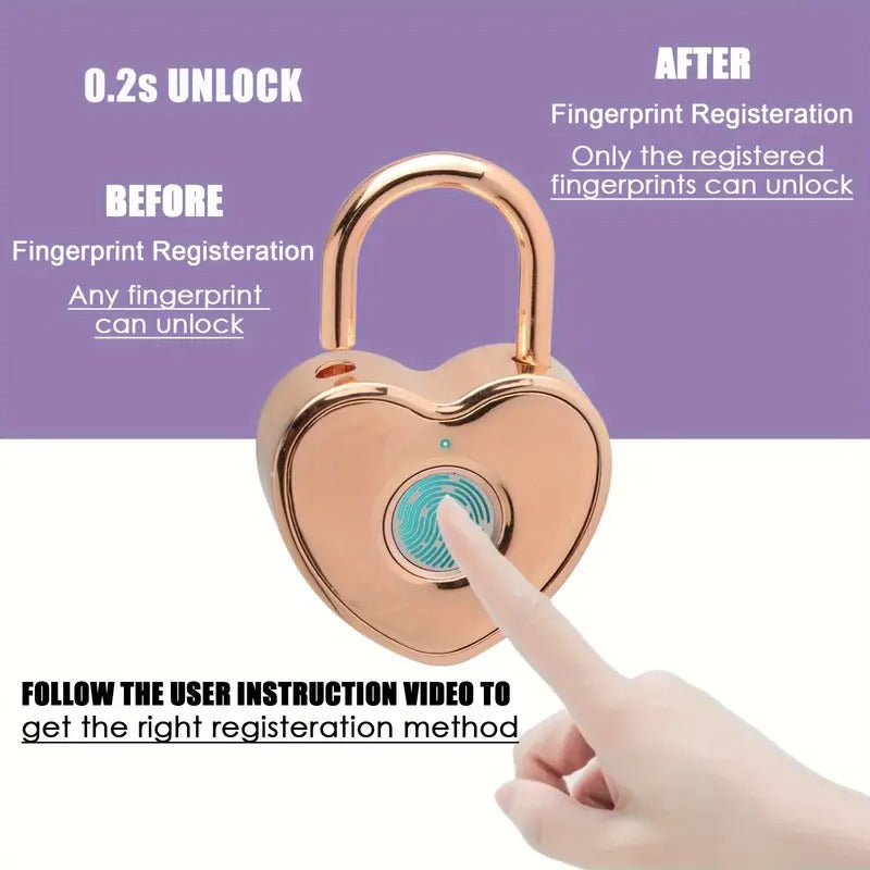 [Rose Golden Fingerprint Padlock] Rose Golden Small Smart Padlock - Heart Shaped Fingerprint Lock for Gym Locker, Backpack, School, Mailbox, Travel Suitcase