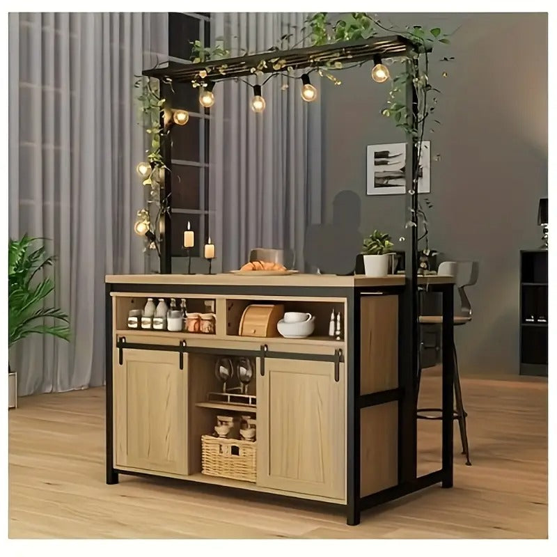 42" Kitchen Island Storage With Sliding Barn Door, Table Island Kitchen Cabinet With 2 Side Hooks, 3-Tier Shelves, Multi-Functional Dining Storage For Living Room 41.2"x24.6"x72.1"