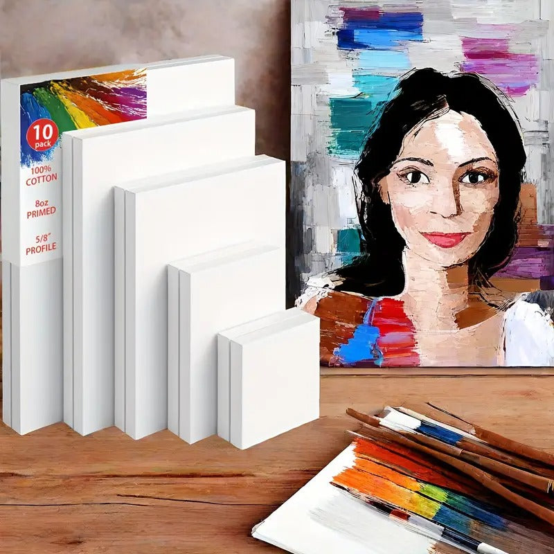 Stretch Canvas, Multi-Piece Set 11X14, 9X12, 8X10, 5X7, 4X4, 10pcs, Primed White - 100% Cotton Artist Canvas Boards, Suitable for Painting, Acrylic Pouring, Oil Painting Wet And Dry Art Mediums