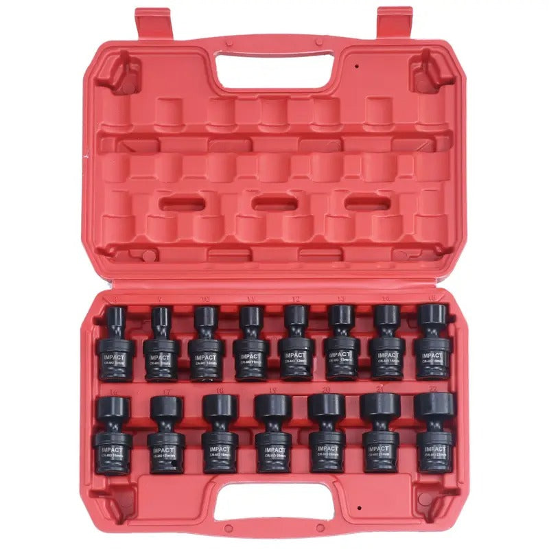 15pcs SEKETMAN Impact Universal Socket Set, 3/8"inch Drive, Swivle Head, Adjustable, 6 Point, Metric, 8-22mm, CR-MO STEEL Made, Professional Automotive Repair Tools