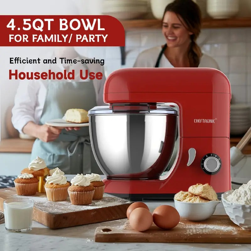Cheftronic Stand Mixer, 6 Speeds, 4.5-Quart Mixing Bowl, Egg Whisk, Flat Mixing Paddle, Dough Hook, and Splash Guard with Pour Spout, Red, SM-985R