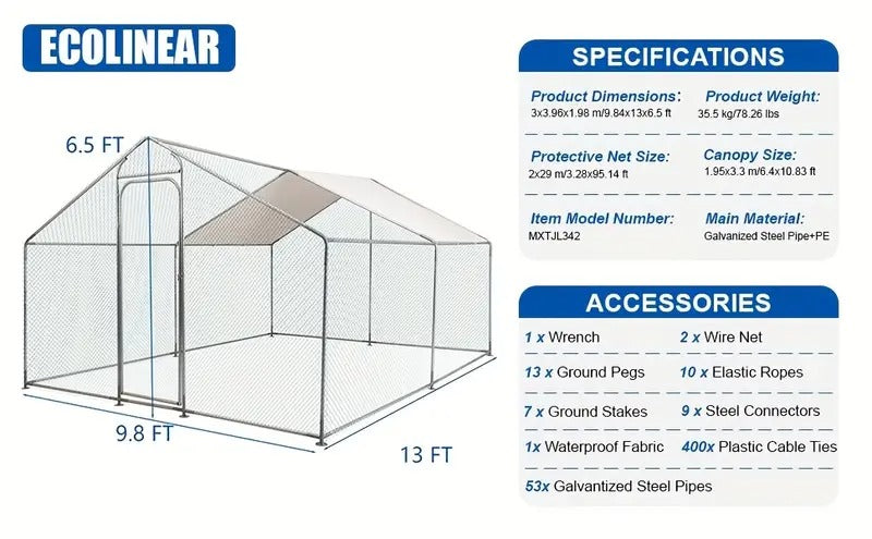 Walk-in Outdoor Chicken Runs For Yard For Chickens, Large Metal Chicken Coop With Run And Waterproof Cover, Wire Mesh Poultry Cage As Hen House, Duck Coop, Rabbit Hutch