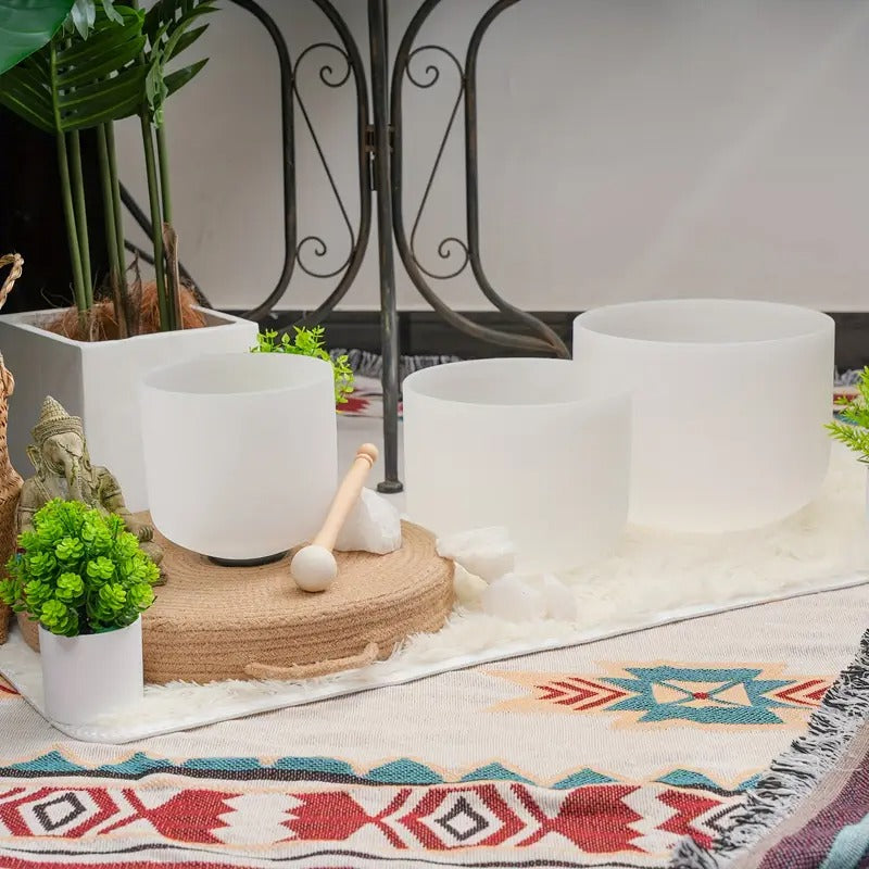 ZENFREQ 7-11 Inch Quartz Crystal Singing Bowls Set of 3 Pure White for Meditation Yoga with Case and Mallet