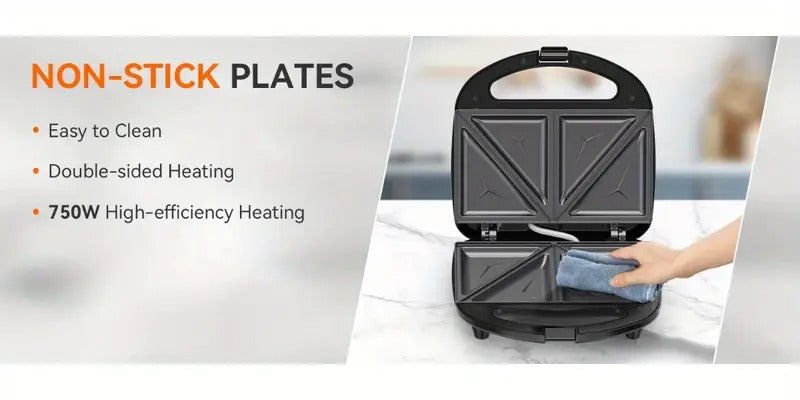 750W Triangle Sandwich Maker - 2-Slice Grilled Cheese Press with Non-Stick Plates - Ready Indicator Lights & Cool-Touch Handle - Easy to Clean