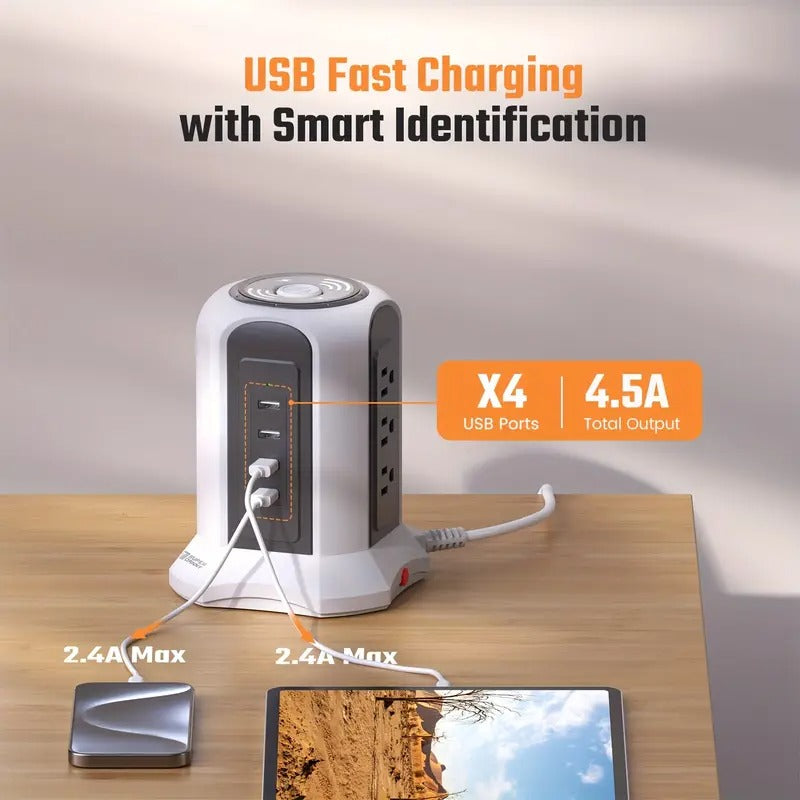 Wireless Charger Power Strip Tower Surge Protector 8.8ft Long Extension Cord 10A 9-Outlet 4.5A 4 USB Electrical Charging Station Universal Socket for Laptop Phone White And Gray