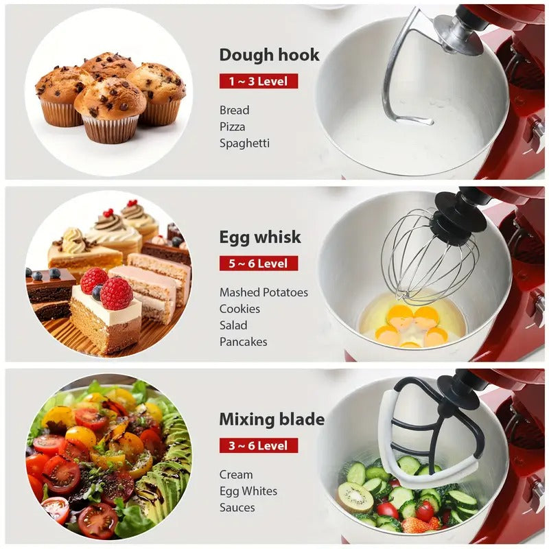 Cheftronic Stand Mixer, 6 Speeds, 4.5-Quart Mixing Bowl, Egg Whisk, Flat Mixing Paddle, Dough Hook, and Splash Guard with Pour Spout, Red, SM-985R