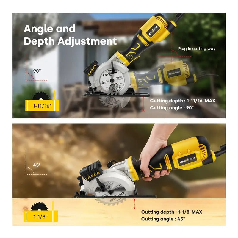 Mini Circular Saw, ENVENTOR 5.8A Compact Circular Saw With Laser Guide, Mini Saw 6 Saw Blades, Max Cutting Depth 1-11/16"(90°), 1-1/8"(45°), Ideal For Soft Metal, Wood, Tile, Drywall, And Plastic Cuts