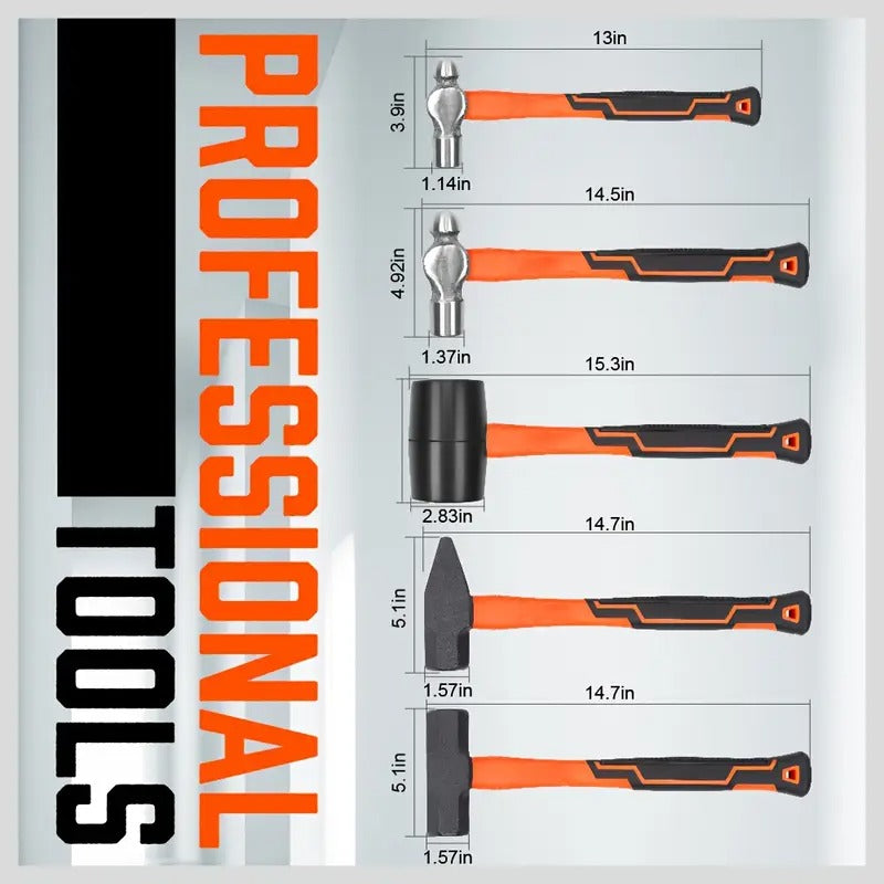 [5pcs HORUSDY Hammer] HORUSDY 5pcs Hammer Set | 16oz Ball Pein Hammer, 32oz Ball Pein Hammer, 32oz Rubber Mallet, 3lb Sledge Hammer, 3lb Cross Peen Hammer