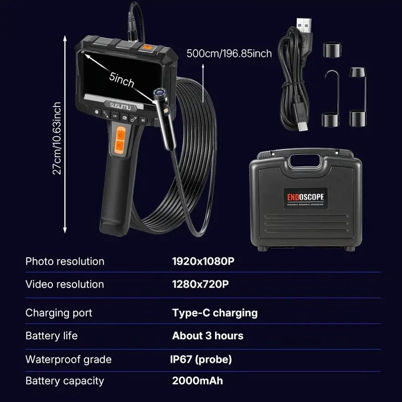 2-Way Dual Head 3D Endoscopic Camera with 1080P HD, 4.5" Lightweight Design, Dual Lens for Enhanced Precision & Safety, USB Rechargeable, Ideal for Medical & Industrial Use,