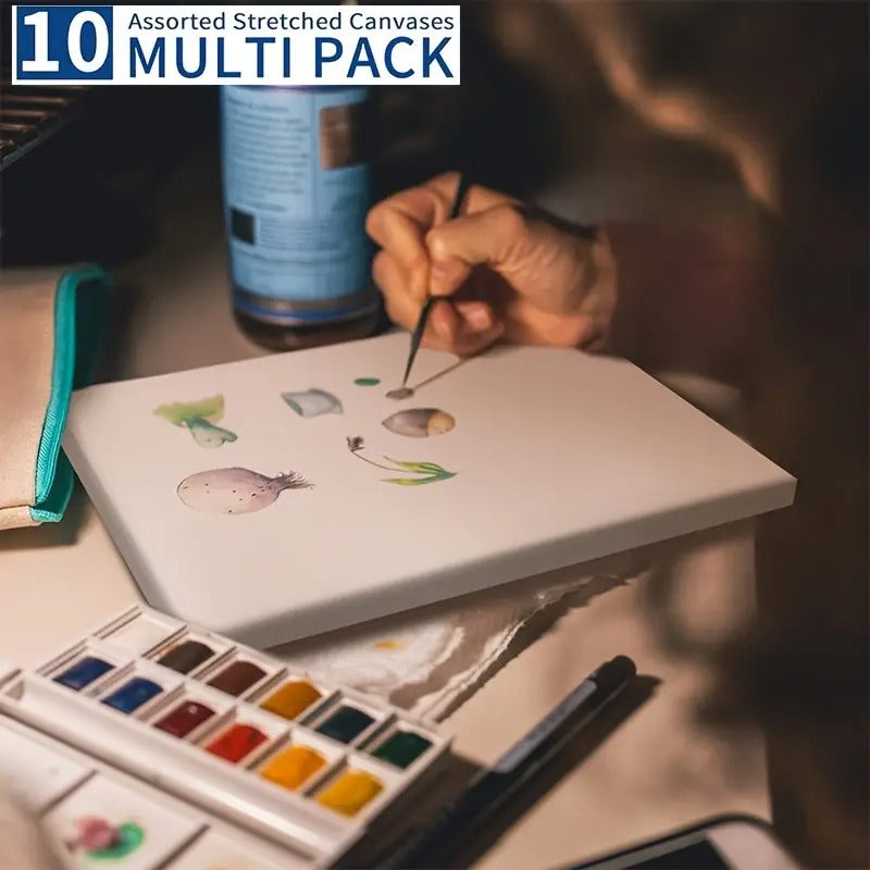 Stretch Canvas, Multi-Piece Set 11X14, 9X12, 8X10, 5X7, 4X4, 10pcs, Primed White - 100% Cotton Artist Canvas Boards, Suitable for Painting, Acrylic Pouring, Oil Painting Wet And Dry Art Mediums