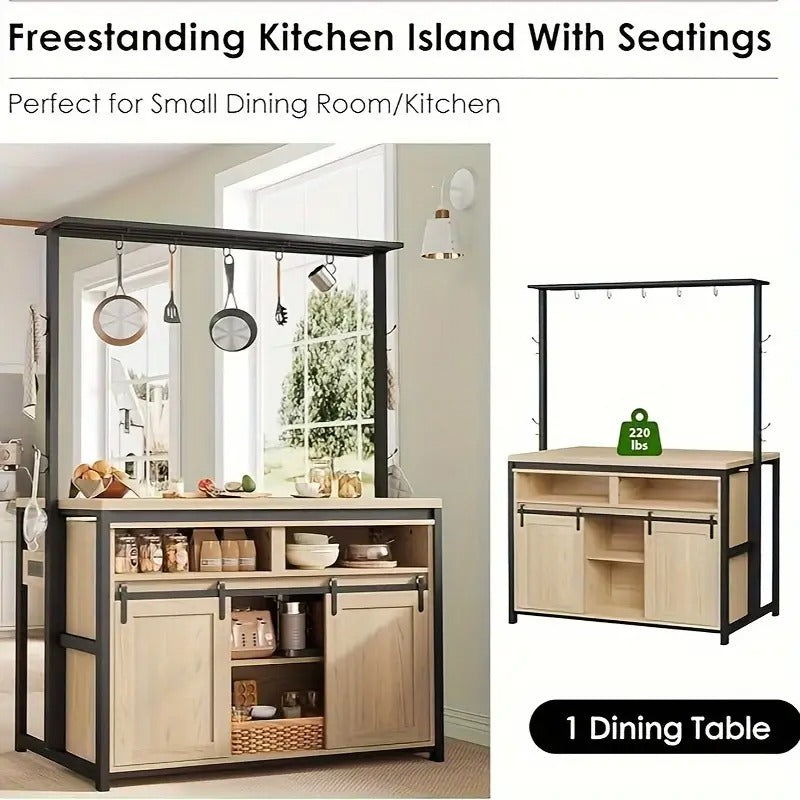 42" Kitchen Island Storage With Sliding Barn Door, Table Island Kitchen Cabinet With 2 Side Hooks, 3-Tier Shelves, Multi-Functional Dining Storage For Living Room 41.2"x24.6"x72.1"