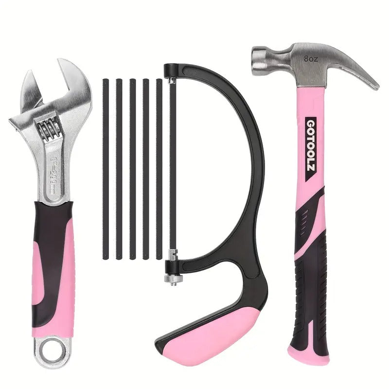 253-Piece 20V Pink Cordless Lithium-ion Drill Driver And Home Tool Set, Lady's Repairing Kit With 12-Inch Wide Mouth Open Storage Bag