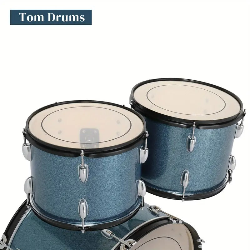 Full Size Adult Drum Set 5pcs Black with Bass Drum, Two Tom Drum, Snare Drum, Floor Tom, 16" Ride Cymbal, 14" Hi-Hat Cymbals, Stool, Drum Pedal, Sticks, Drum Set for Adults, Music