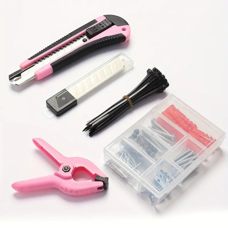 253-Piece 20V Pink Cordless Lithium-ion Drill Driver And Home Tool Set, Lady's Repairing Kit With 12-Inch Wide Mouth Open Storage Bag