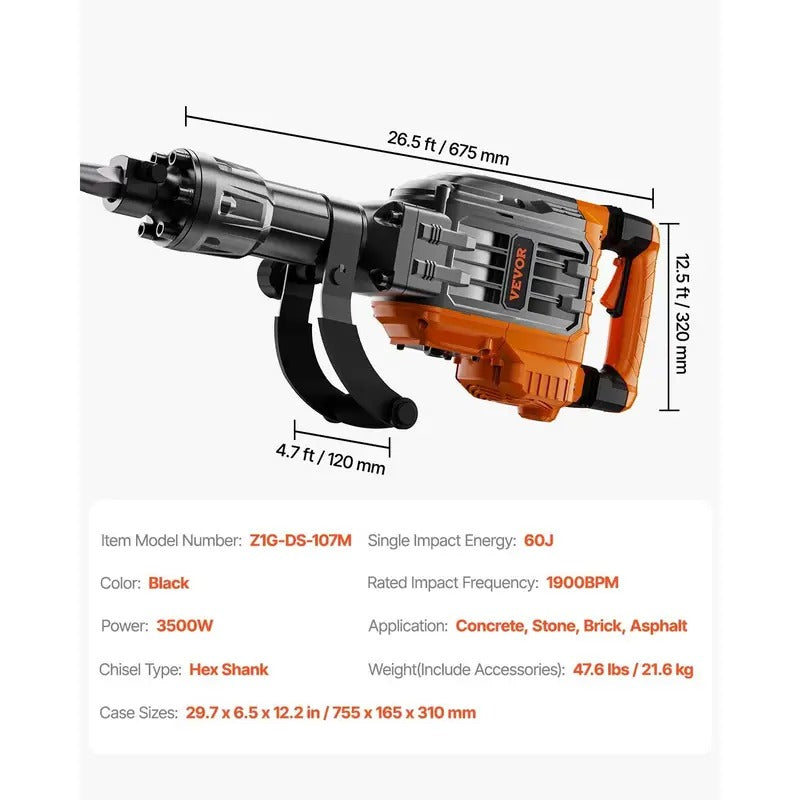 VEVOR Demolition Jack Hammer, 3500W Jack Hammer Concrete Breaker, 2pcs Chisel with Gloves & 360°C Swiveling Front Handle for Trenching, 1900 BPM Heavy Duty Electric Jack Hammer, Orange/Black