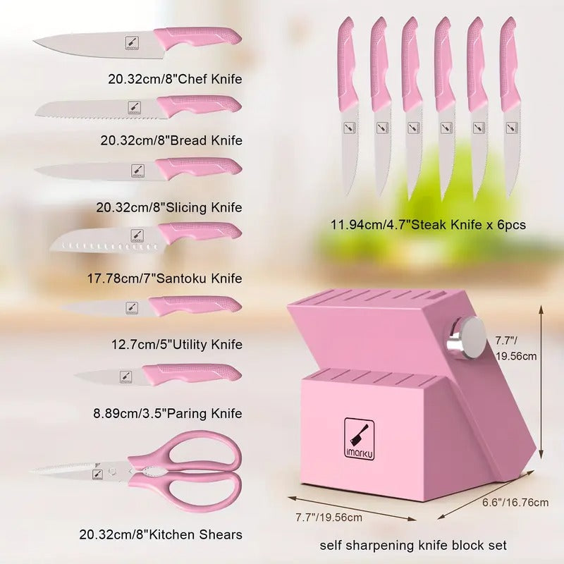 Marku Knife Set with Block, Sharp Knife Set with Sharpener, Japanese Stainless Steel Kitchen Knife Set with Non-Slip Ergonomic Handle, Dishwasher Safe, Best Holiday Gifts, 14pcs P I N K, Cute I Marku Knife Set