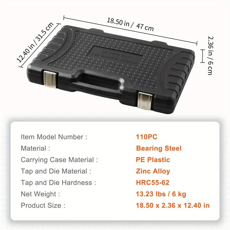 [Bearing Steel Tap and Die] 110pcs Happybuy Tap and Die Set - Metric Size M2 to M18, Bearing Steel Taps and Dies - Essential Threading Tool for Cutting External Internal Threads, with Complete Accessories and Storage Case