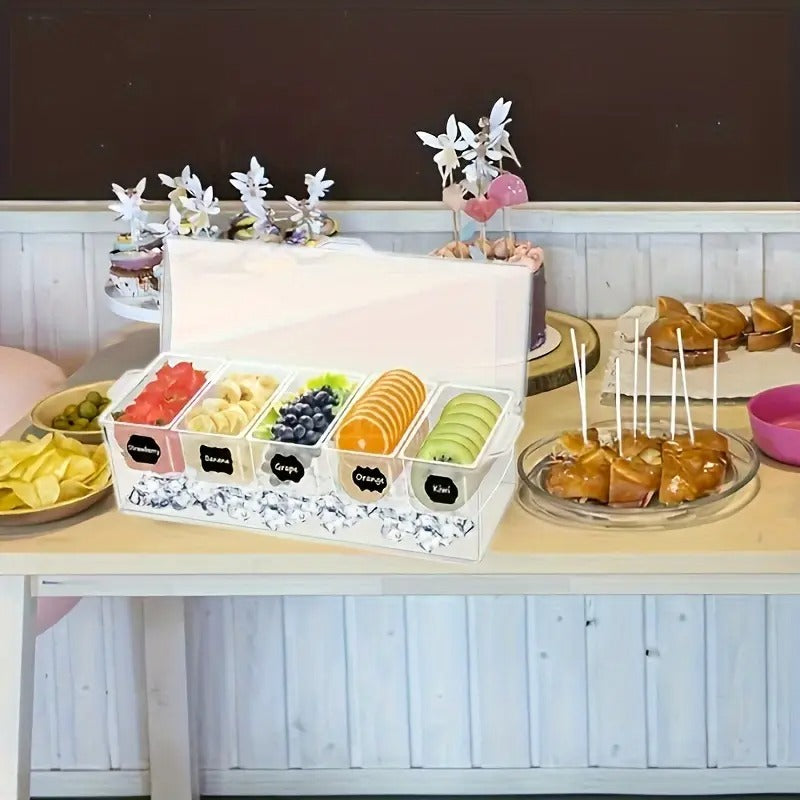 1pc Portable Chilled Fruit Storage Box, Equipped With 5 Forks And 2 Pliers, Salad Storage Box, Suitable For Entertainment Parties With Lid, Bar Decoration Rack, Detachable Box With 5 Compartments, Fruit Trays For Serving