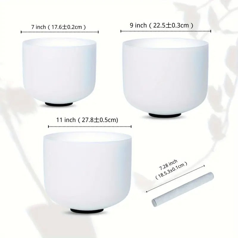 ZENFREQ 7-11 Inch Quartz Crystal Singing Bowls Set of 3 Pure White for Meditation Yoga with Case and Mallet