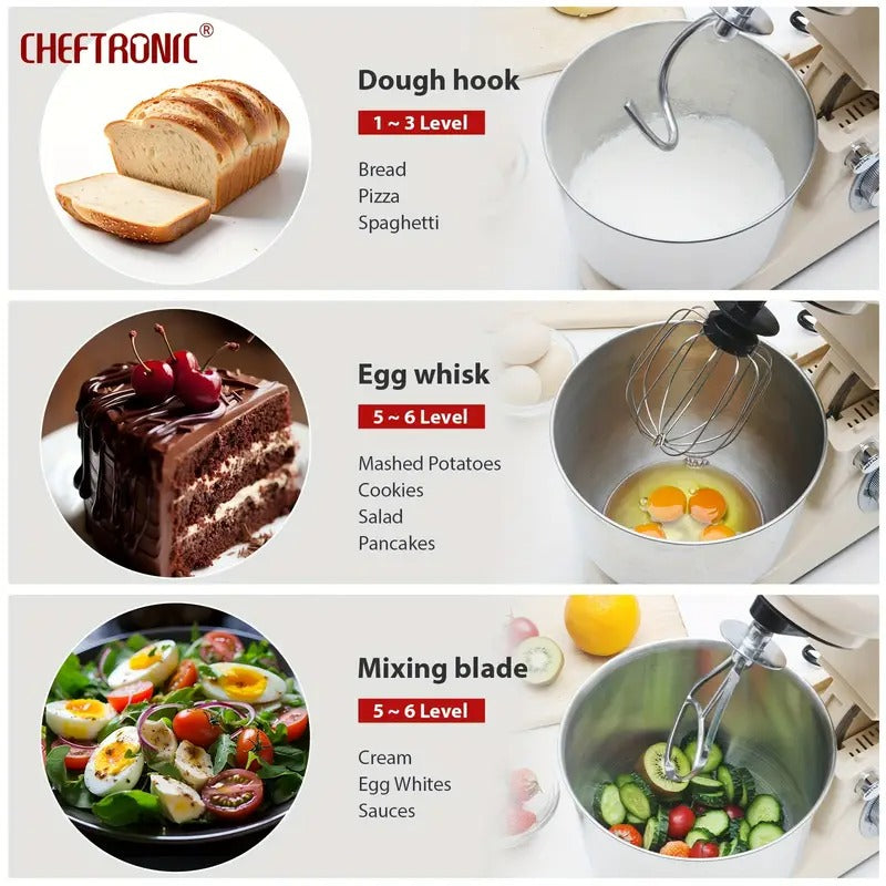 Cheftronic Stand Mixer, 6 Speeds, 4.5-Quart Mixing Bowl, Egg Whisk, Flat Mixing Paddle, Dough Hook, and Splash Guard with Pour Spout, Red, SM-985R