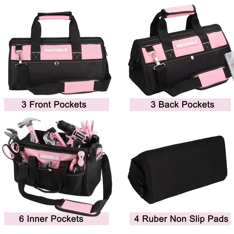 253-Piece 20V Pink Cordless Lithium-ion Drill Driver And Home Tool Set, Lady's Repairing Kit With 12-Inch Wide Mouth Open Storage Bag