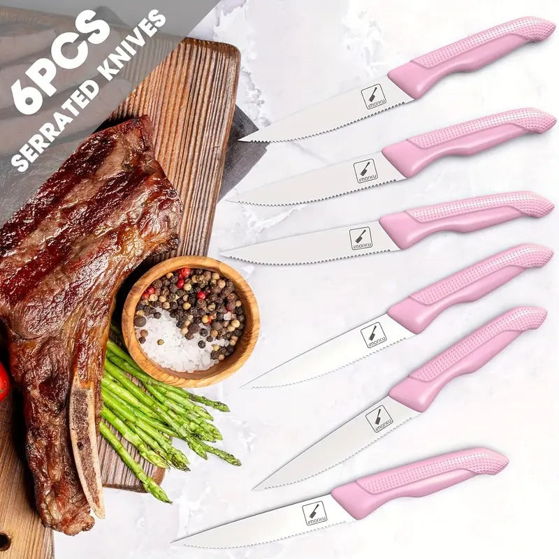 Marku Knife Set with Block, Sharp Knife Set with Sharpener, Japanese Stainless Steel Kitchen Knife Set with Non-Slip Ergonomic Handle, Dishwasher Safe, Best Holiday Gifts, 14pcs P I N K, Cute I Marku Knife Set