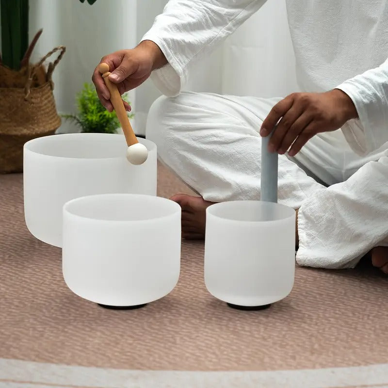 ZENFREQ 7-11 Inch Quartz Crystal Singing Bowls Set of 3 Pure White for Meditation Yoga with Case and Mallet