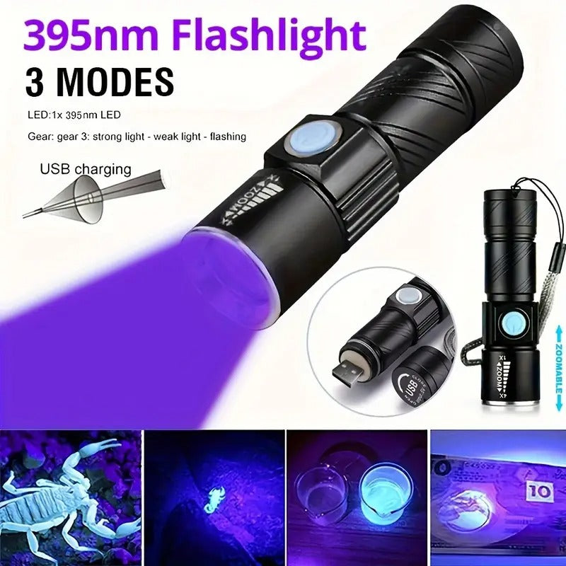 [UV Flashlight] UV 395nm Flashlight, One | USB Rechargeable, Adjustable Focus, 3-Speed Mini | Used for Pet Detection, Home, Outdoor, Camping, Fishing