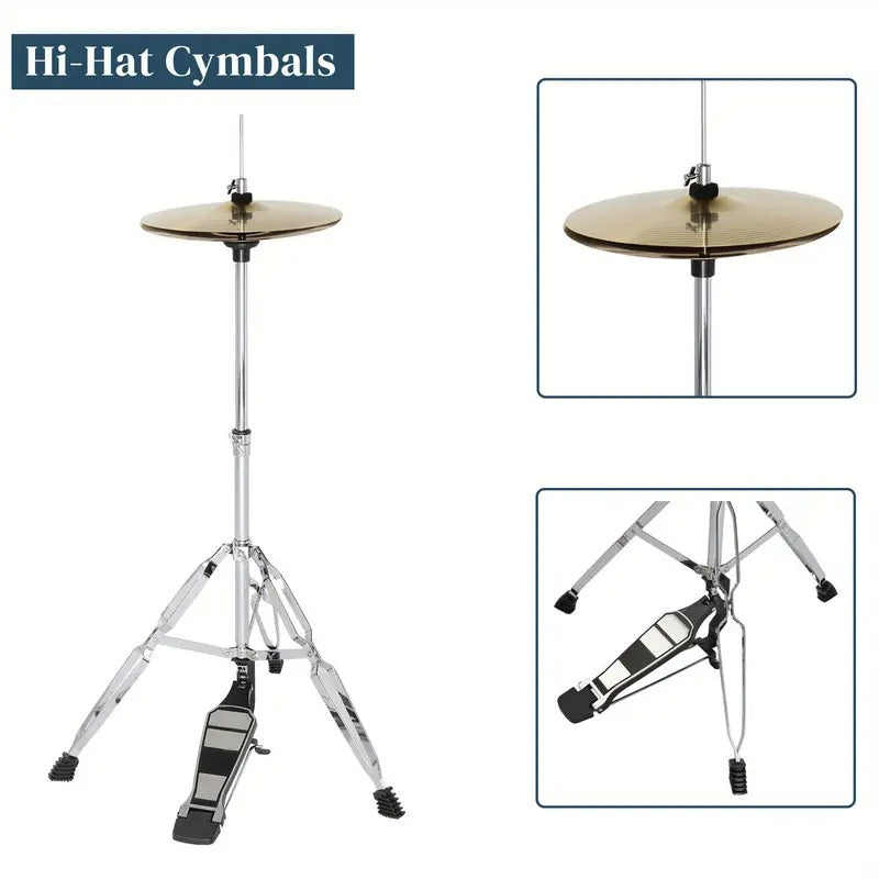 Full Size Adult Drum Set 5pcs Black with Bass Drum, Two Tom Drum, Snare Drum, Floor Tom, 16" Ride Cymbal, 14" Hi-Hat Cymbals, Stool, Drum Pedal, Sticks, Drum Set for Adults, Music