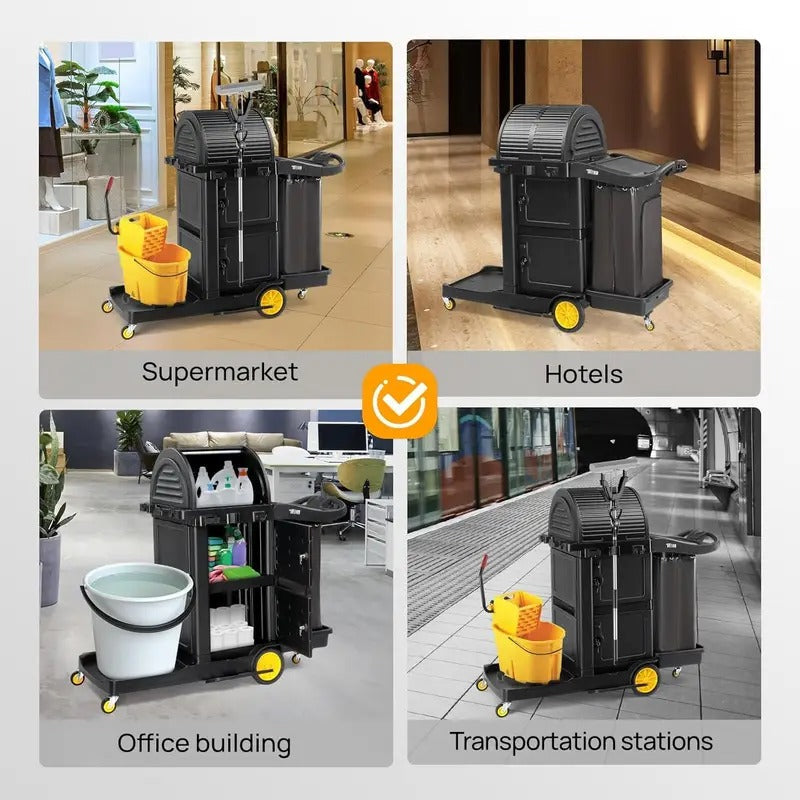 Industrial Service Cart w/Locking Cabinet - Heavy Duty 3-Tier Utility Cart on Wheels for Hotel, Hospital, Janitorial & Facility