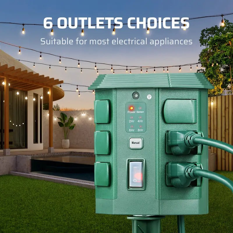 DEWENWILS Outdoor Power Stake Timer with Photocell Sensor, 6ft Extension Cord, 6 Grounded Outlets, Timer for Halloween, Christmas Decor Lights, Outdoor Lighting, Durable Construction, Sturdy Build, Home Decorators