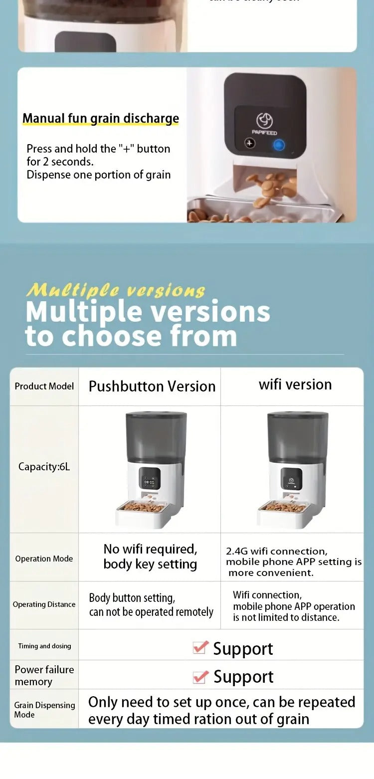 6L PAPIFEED Automatic Pet Feeder - Intelligent WiFi Timing Dosing Cat Dog Food Feeder