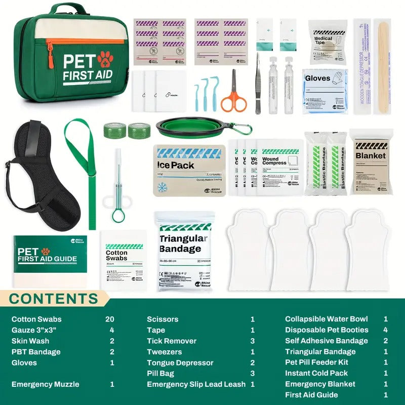 RHINO RESCUE Pet First Aid Kit, Emergency Supplies For Dogs & Cats, Safety Essentials Pack, Disposable Booties For Home, Hiking, Traveling & Camping, FSA HSA Eligible
