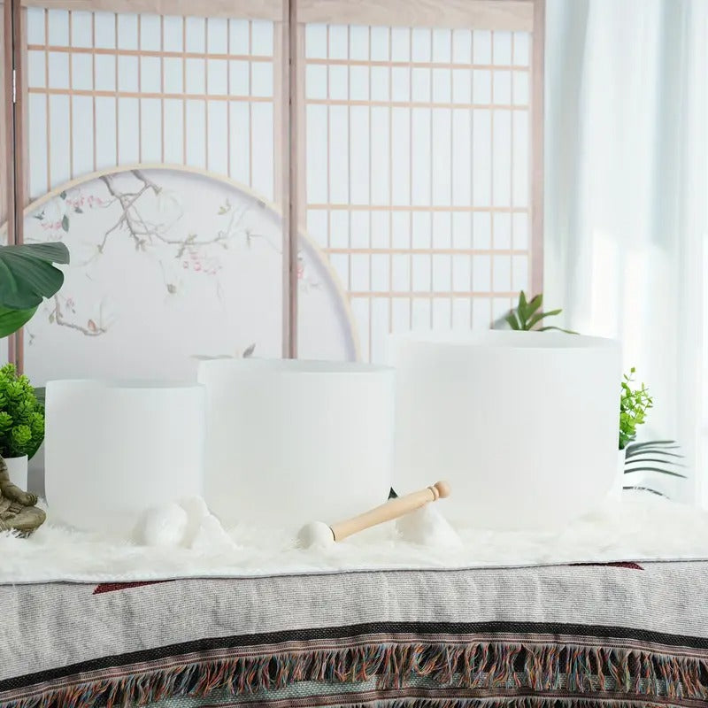 ZENFREQ 7-11 Inch Quartz Crystal Singing Bowls Set of 3 Pure White for Meditation Yoga with Case and Mallet