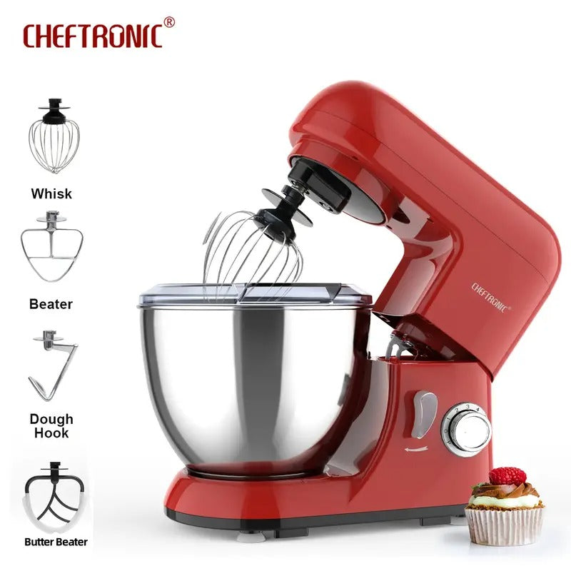 Cheftronic Stand Mixer, 6 Speeds, 4.5-Quart Mixing Bowl, Egg Whisk, Flat Mixing Paddle, Dough Hook, and Splash Guard with Pour Spout, Red, SM-985R