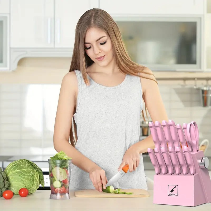 Marku Knife Set with Block, Sharp Knife Set with Sharpener, Japanese Stainless Steel Kitchen Knife Set with Non-Slip Ergonomic Handle, Dishwasher Safe, Best Holiday Gifts, 14pcs P I N K, Cute I Marku Knife Set