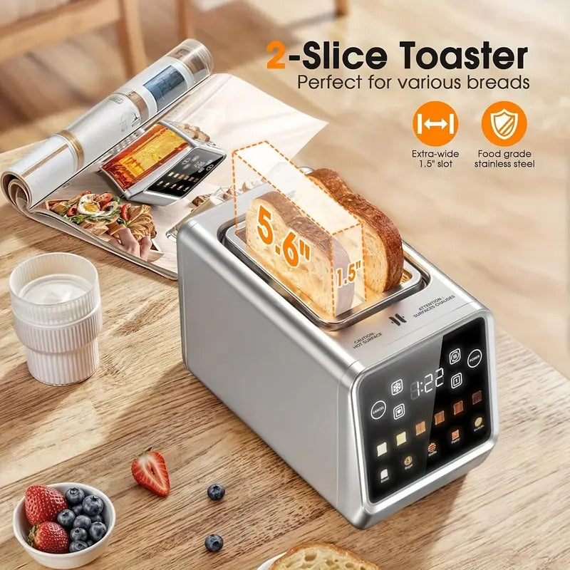 Touch Screen Toaster 2 Slice, Stainless Steel Smart Digital Toasters With Memory Function, 5 Bread Types & 6 Shade Settings, 1.5" Toasters 2 Slice Wide Slot,