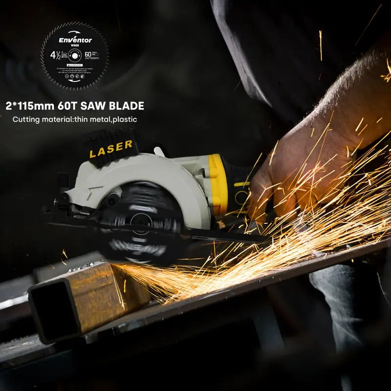 Mini Circular Saw, ENVENTOR 5.8A Compact Circular Saw With Laser Guide, Mini Saw 6 Saw Blades, Max Cutting Depth 1-11/16"(90°), 1-1/8"(45°), Ideal For Soft Metal, Wood, Tile, Drywall, And Plastic Cuts