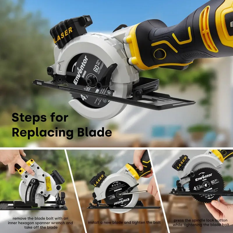 Mini Circular Saw, ENVENTOR 5.8A Compact Circular Saw With Laser Guide, Mini Saw 6 Saw Blades, Max Cutting Depth 1-11/16"(90°), 1-1/8"(45°), Ideal For Soft Metal, Wood, Tile, Drywall, And Plastic Cuts