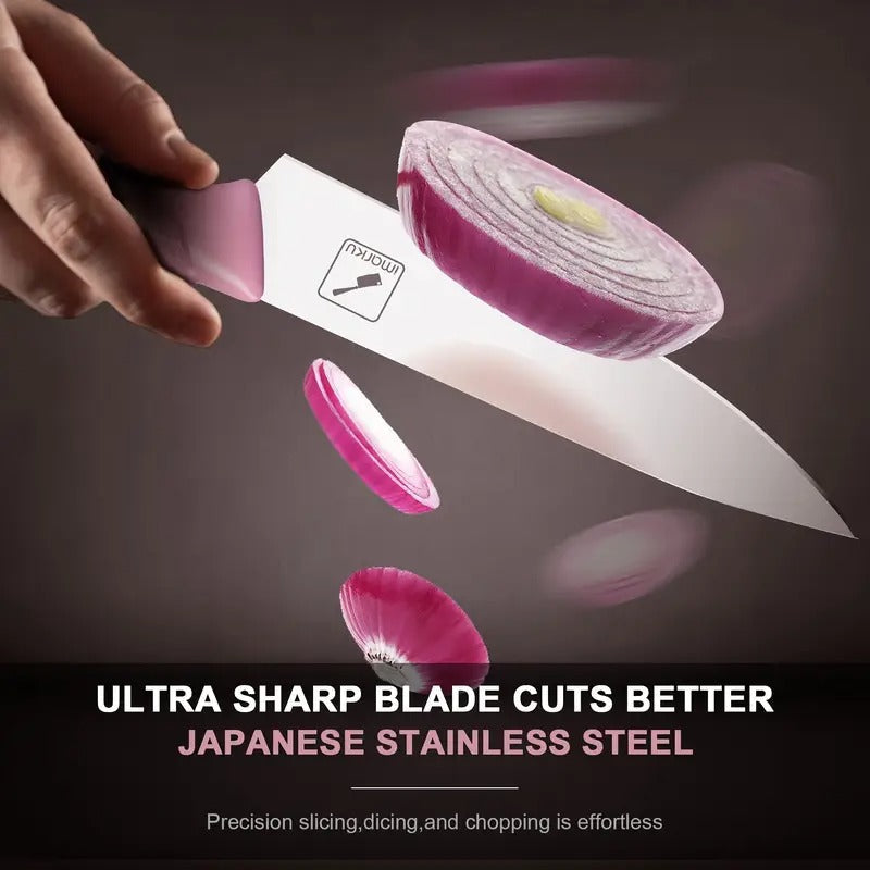 Marku Knife Set with Block, Sharp Knife Set with Sharpener, Japanese Stainless Steel Kitchen Knife Set with Non-Slip Ergonomic Handle, Dishwasher Safe, Best Holiday Gifts, 14pcs P I N K, Cute I Marku Knife Set