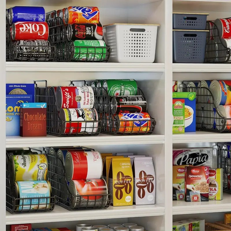 3-Pack Stackable Foldable Standing Can Dispenser Bins with Pull-Out Handles - Powder-Coated Metal Space-Saving Organizer for Soda, Beverage & Canned Food Storage in Kitchen Pantry,