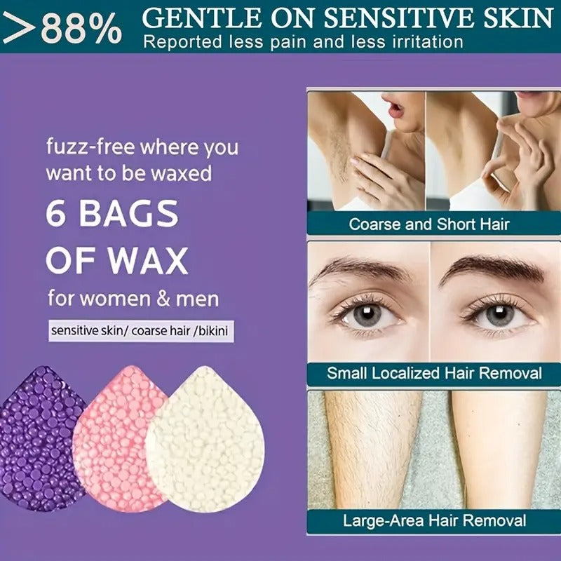 Home Bikini Hair Removal Kit for Women: Suitable for Sensitive Light Beige Brazilian Waxing Body Set - Includes 6pcs of Wax Beads in a Warm Silicone Pot, Easy to Clean