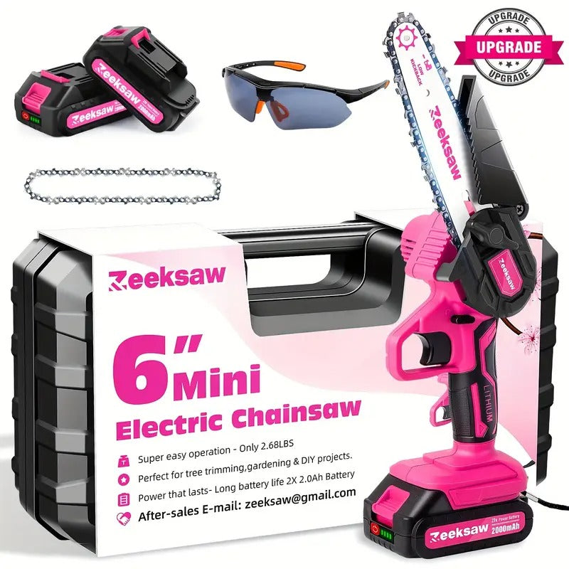Pink Mini Electric Hand Chain Saw with Power Indicator, Small Chainsaw for Women, Handheld Cordless Chainsaw with Battery and Charger, Yard Tools Gardening Gifts