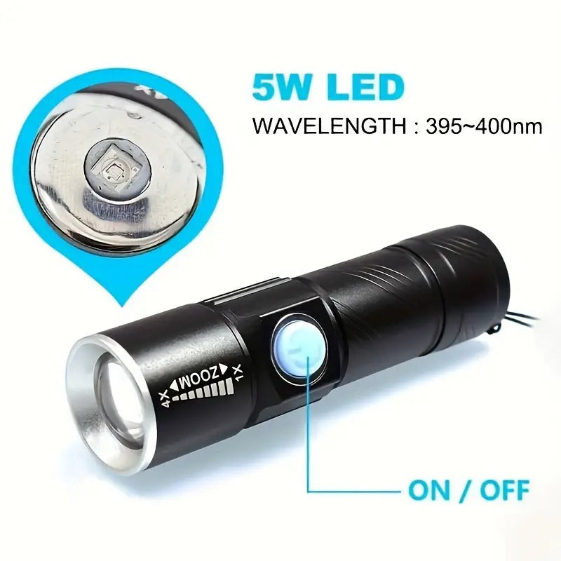 [UV Flashlight] UV 395nm Flashlight, One | USB Rechargeable, Adjustable Focus, 3-Speed Mini | Used for Pet Detection, Home, Outdoor, Camping, Fishing